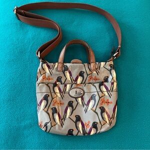 Fossil Bird Print Crossbody Bag with Brown Trim